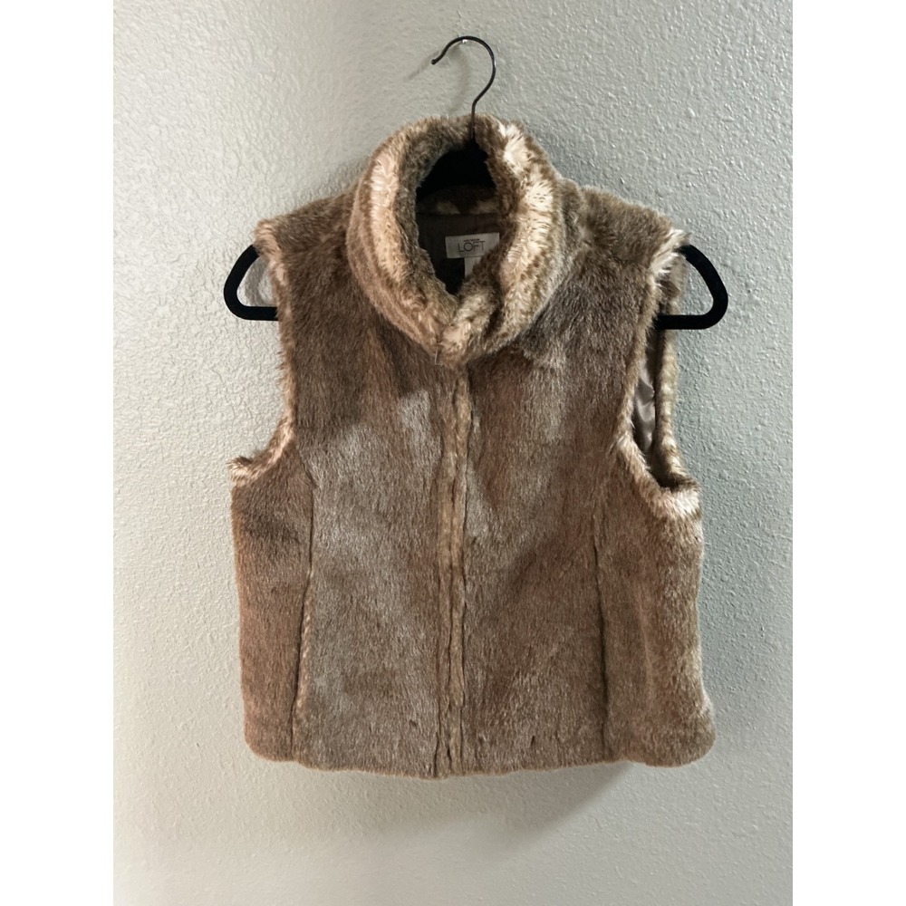 Ann Taylor LOFT Faux Fur Vest Brown Tan Funnel Neck Size 4